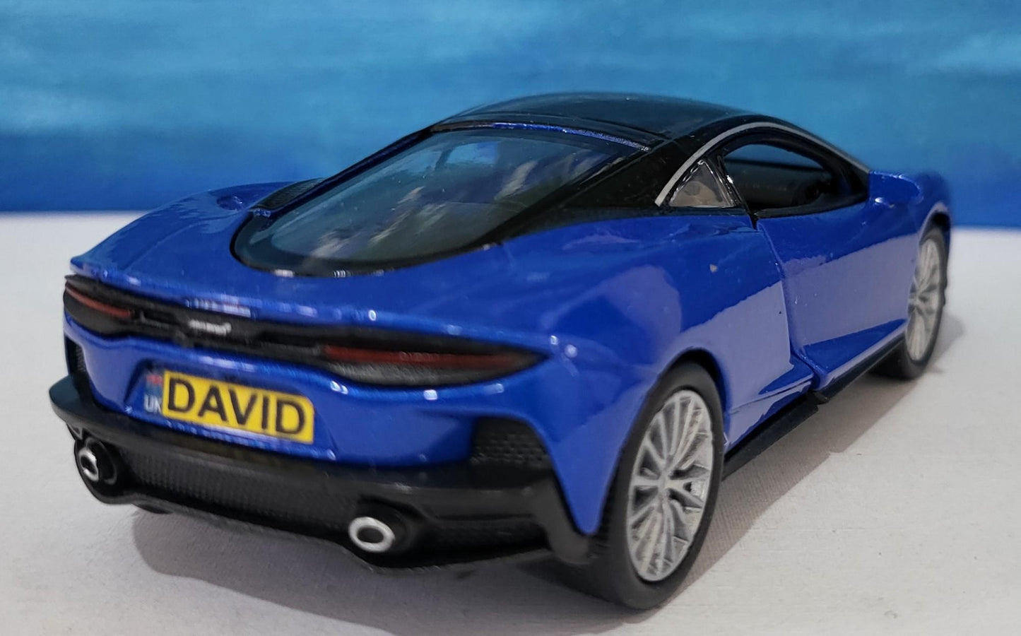 PERSONALISED Toy Car Plate - Blue McLaren GT Style - Birthday/Easter Gift for Dad, Boy, Girl, grandad - Custom Number Plate - Boxed Present