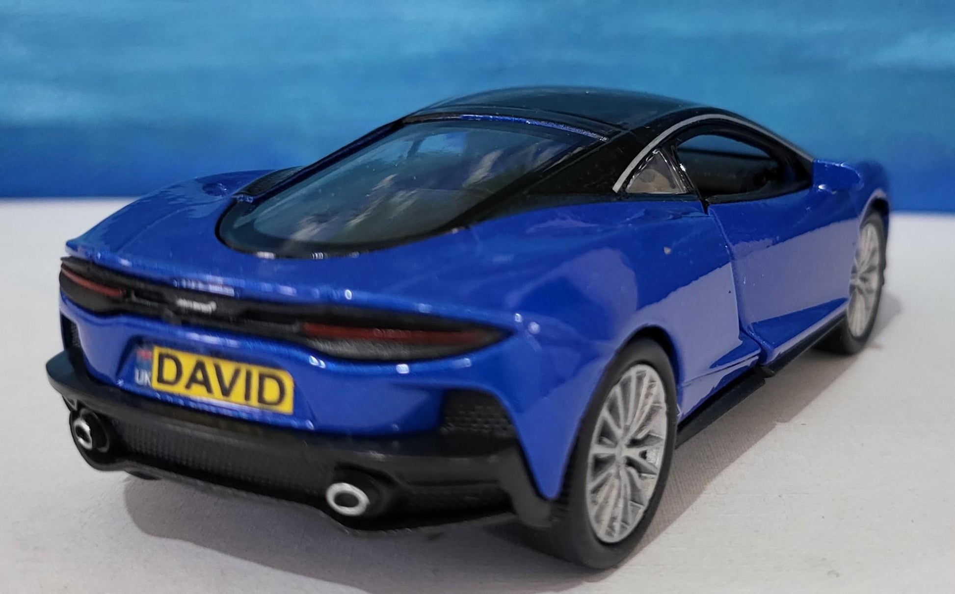 PERSONALISED Toy Car Plate - Blue McLaren GT Style - Birthday/Easter Gift for Dad, Boy, Girl, grandad - Custom Number Plate - Boxed Present