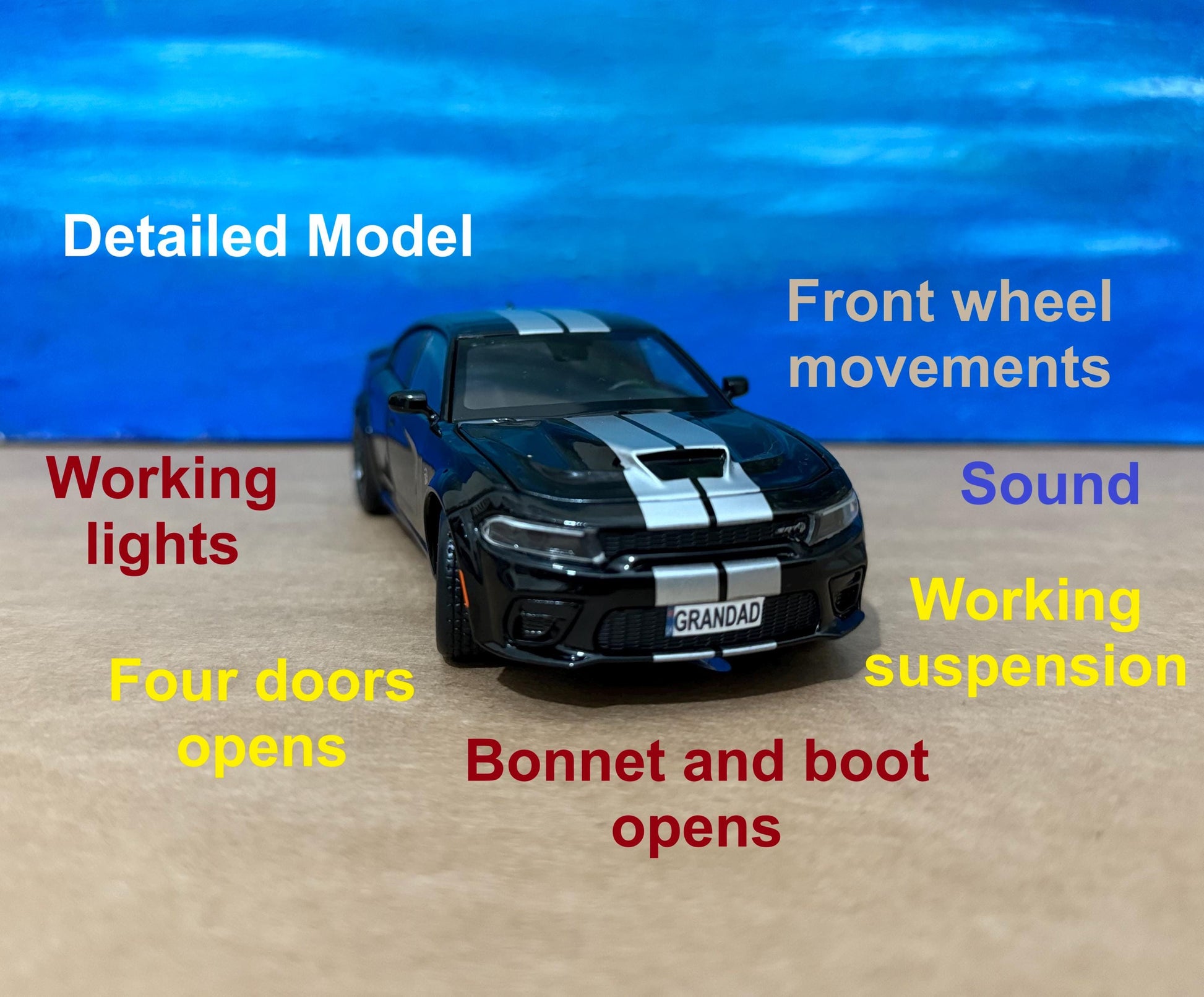 PERSONALIZED PLATES Dodge Charger Model Toy Car boy dad birthday gift light sound bonnet boot four door open 1:32 Boxed