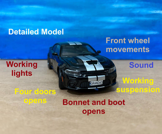 PERSONALIZED PLATES Dodge Charger Model Toy Car boy dad birthday gift light sound bonnet boot four door open 1:32 Boxed