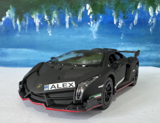 Personalized Name PlateLicense Lamborghini Veneno Toy Car, Pull Back Action 1:32 Scale Model Gift for Boys, Dad, Men - Includes Gift Sleeves