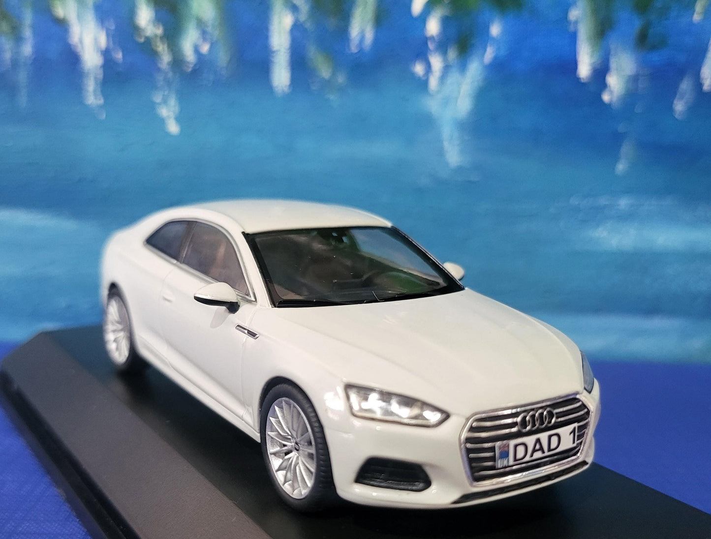 Personalized name plate 1:43 Audi A5 Coupe 2017 Glacier White SPARK Diecast Car Model, Highly Detailed Collectible in Display Case & Boxed