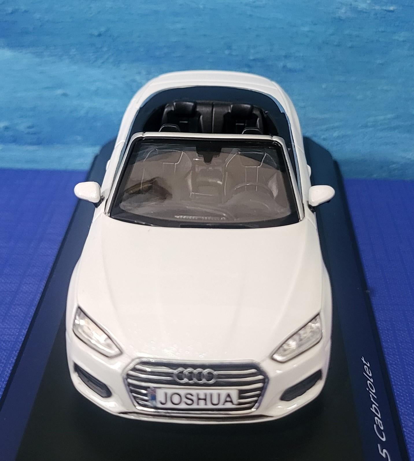 Personalized Name Plate 1:43 Audi A5 Cabriolet Tofana White Diecast Car – Spark Dealer Edition in Display Case, Highly Detailed