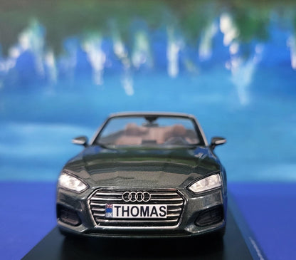 Personalized Name Plate 1:43 Audi A5 Cabriolet Gotland Green Metallic Diecast Car – Spark Dealer Edition in Display Case, Detailed