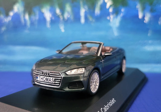 Personalized Name Plate 1:43 Audi A5 Cabriolet Gotland Green Metallic Diecast Car – Spark Dealer Edition in Display Case, Detailed