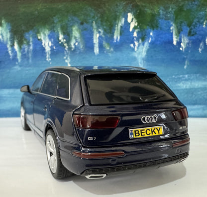 Audi Q7 1:32 Scale Diecast Car – Personalized Plates Lights & Sounds – Opening Doors, Bonnet and Boot – Gift for him, her. Metallic Blue