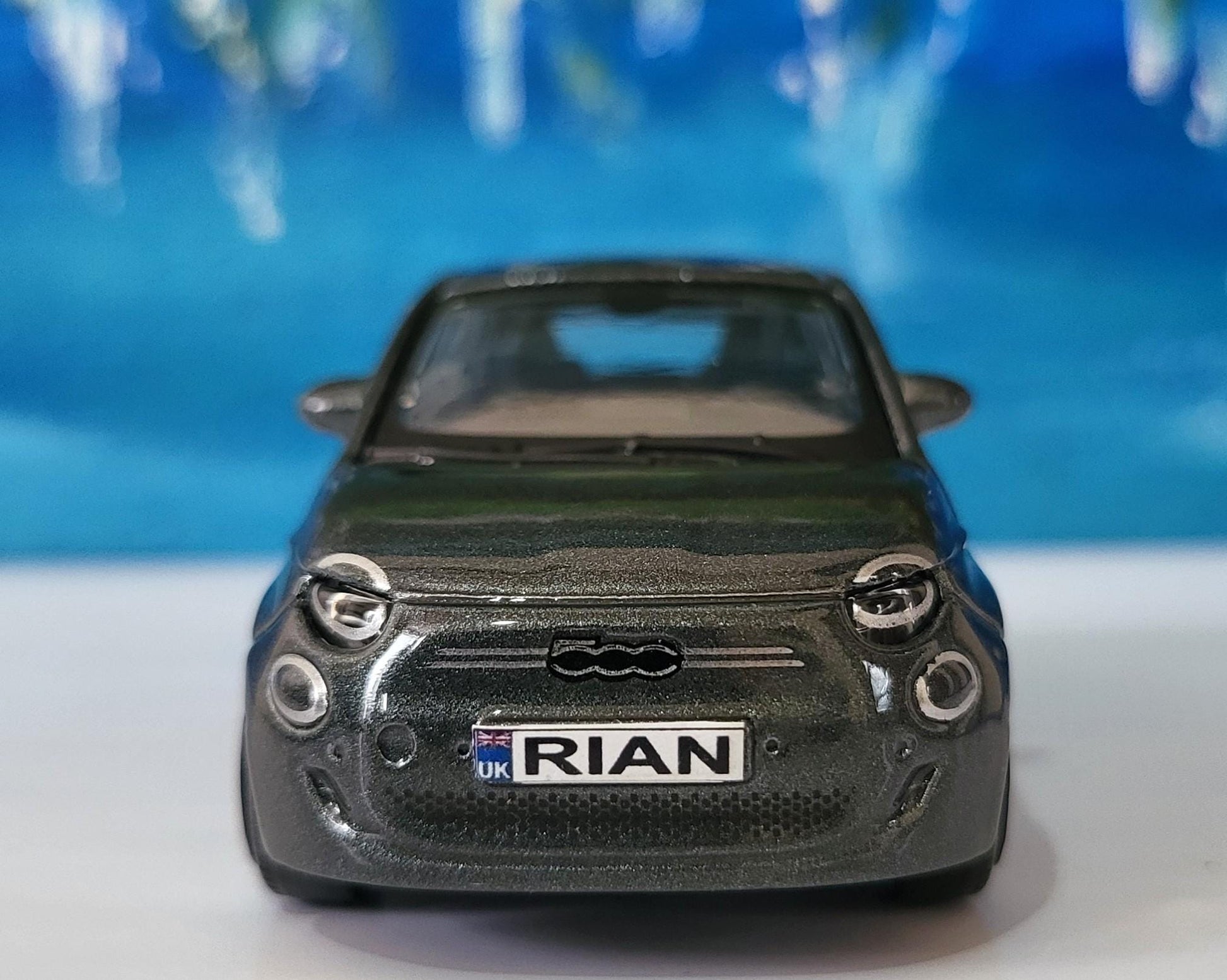Personalised Plate FIAT 500e Toy Car - 1:43 Scale Model-Gift for Boy, Girl, Dad, Mom, Uncle, Grandad - Birthday, Metallic Grey - New Boxed