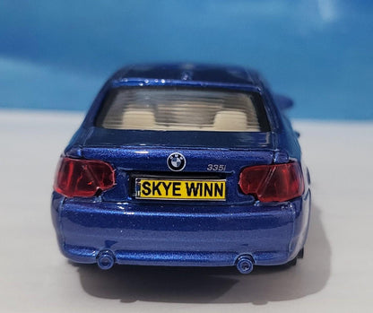 PERSONALISED PLATES Blue BMW 335I Toy Car Model boy girl dad mom uncle grandad brother Easter birthday gift present New! Boxed