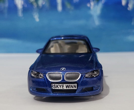 PERSONALISED PLATES Blue BMW 335I Toy Car Model boy girl dad mom uncle grandad brother Easter birthday gift present New! Boxed