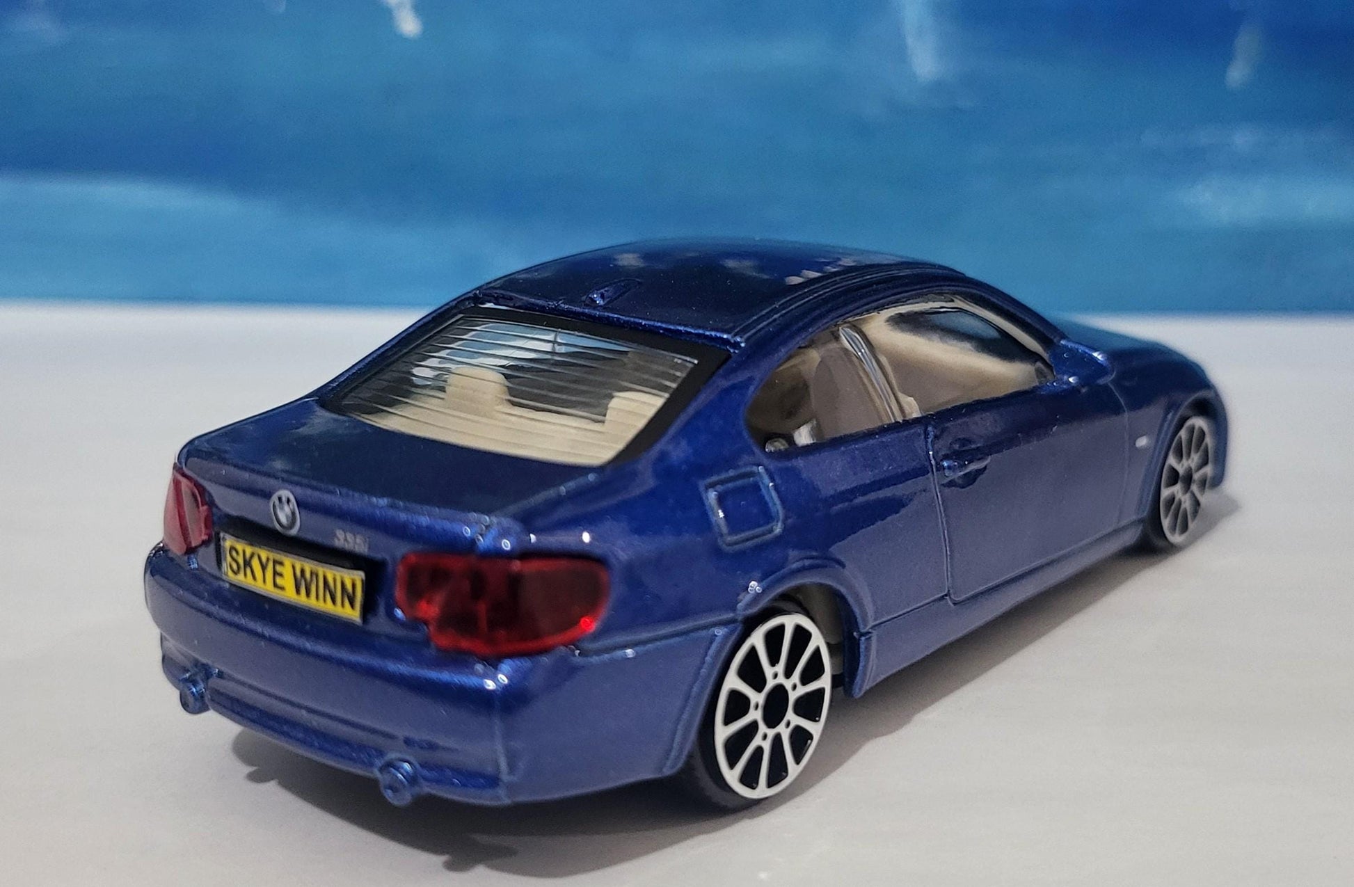 PERSONALISED PLATES Blue BMW 335I Toy Car Model boy girl dad mom uncle grandad brother Easter birthday gift present New! Boxed