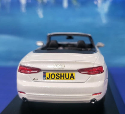 Personalized Name Plate 1:43 Audi A5 Cabriolet Tofana White Diecast Car – Spark Dealer Edition in Display Case, Highly Detailed