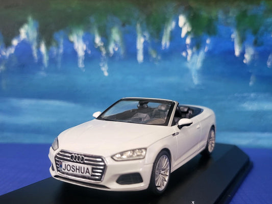 Personalized Name Plate 1:43 Audi A5 Cabriolet Tofana White Diecast Car – Spark Dealer Edition in Display Case, Highly Detailed