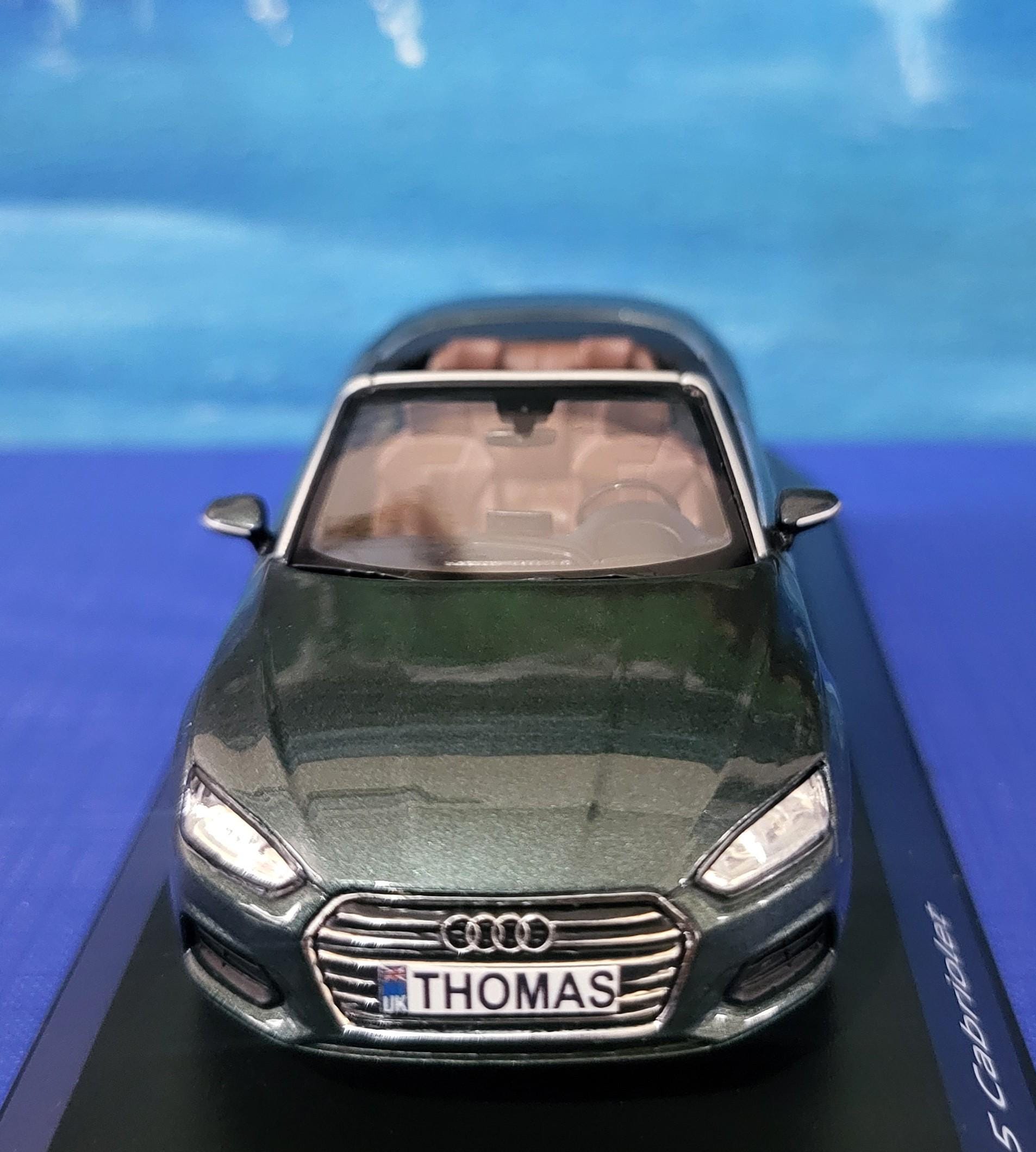 Personalized Name Plate 1:43 Audi A5 Cabriolet Gotland Green Metallic Diecast Car – Spark Dealer Edition in Display Case, Detailed