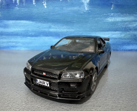 Personalized Nissan GTR R34 V-Spec II Diecast Model Car: Custom Name Plate