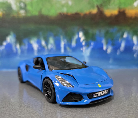Personalized Lotus Emira Blue Diecast Model Car: Pull Back Toy, Gift for Kids