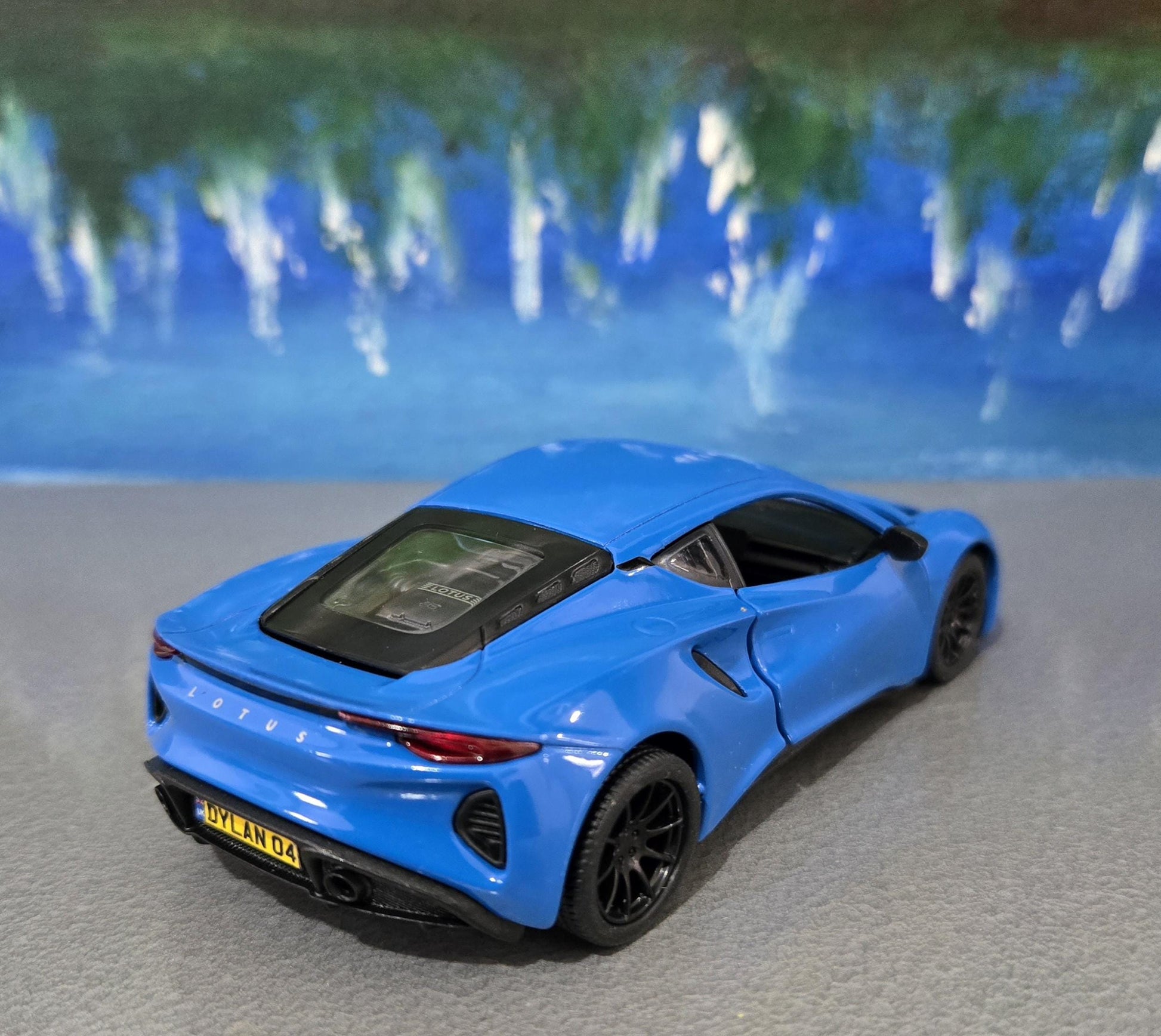 Personalized Lotus Emira Blue Diecast Model Car: Pull Back Toy, Gift for Kids