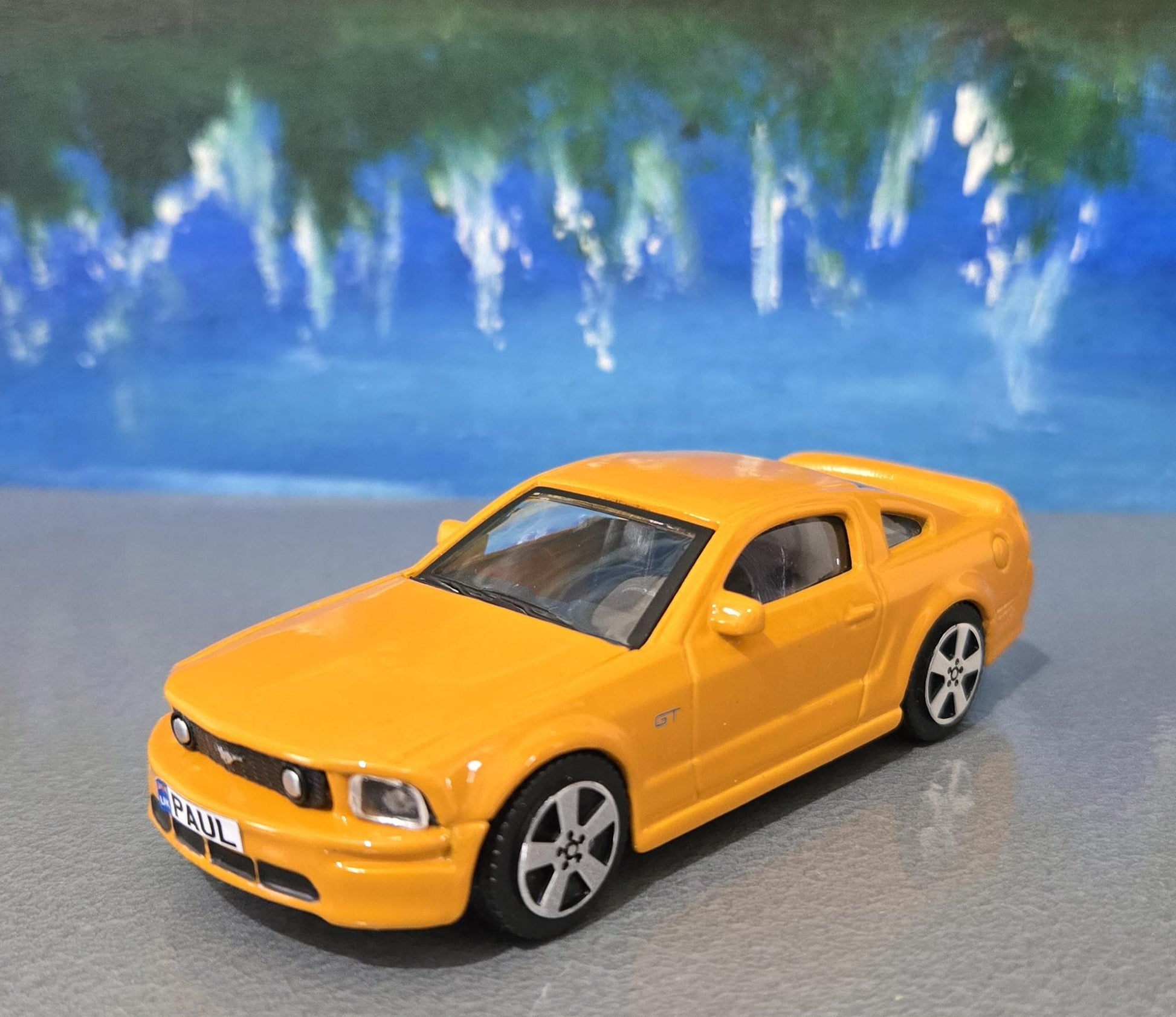 Ford Mustang GT 2008 1:43 Grabber Orange Diecast Model Car – Custom Name Plate – Collectible Gift for Dad, Car Lovers, Kids – Boxed Display
