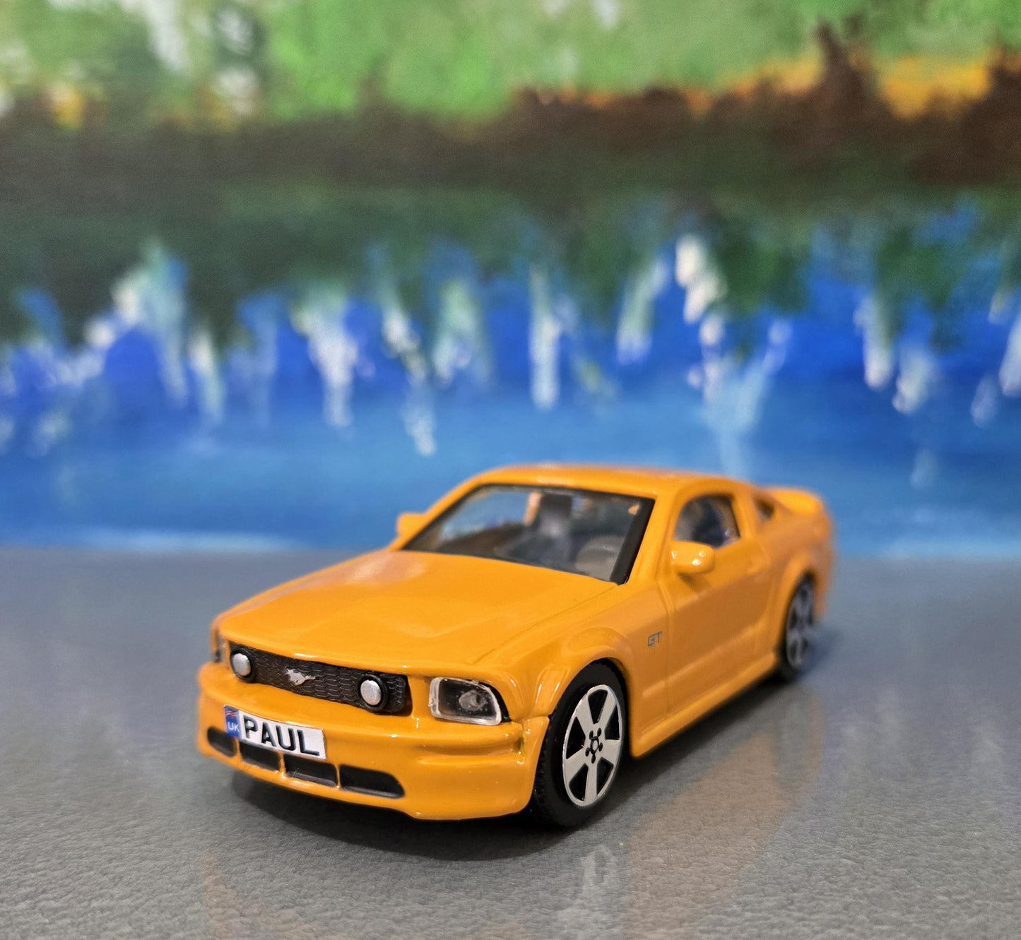 Ford Mustang GT 2008 1:43 Grabber Orange Diecast Model Car – Custom Name Plate – Collectible Gift for Dad, Car Lovers, Kids – Boxed Display