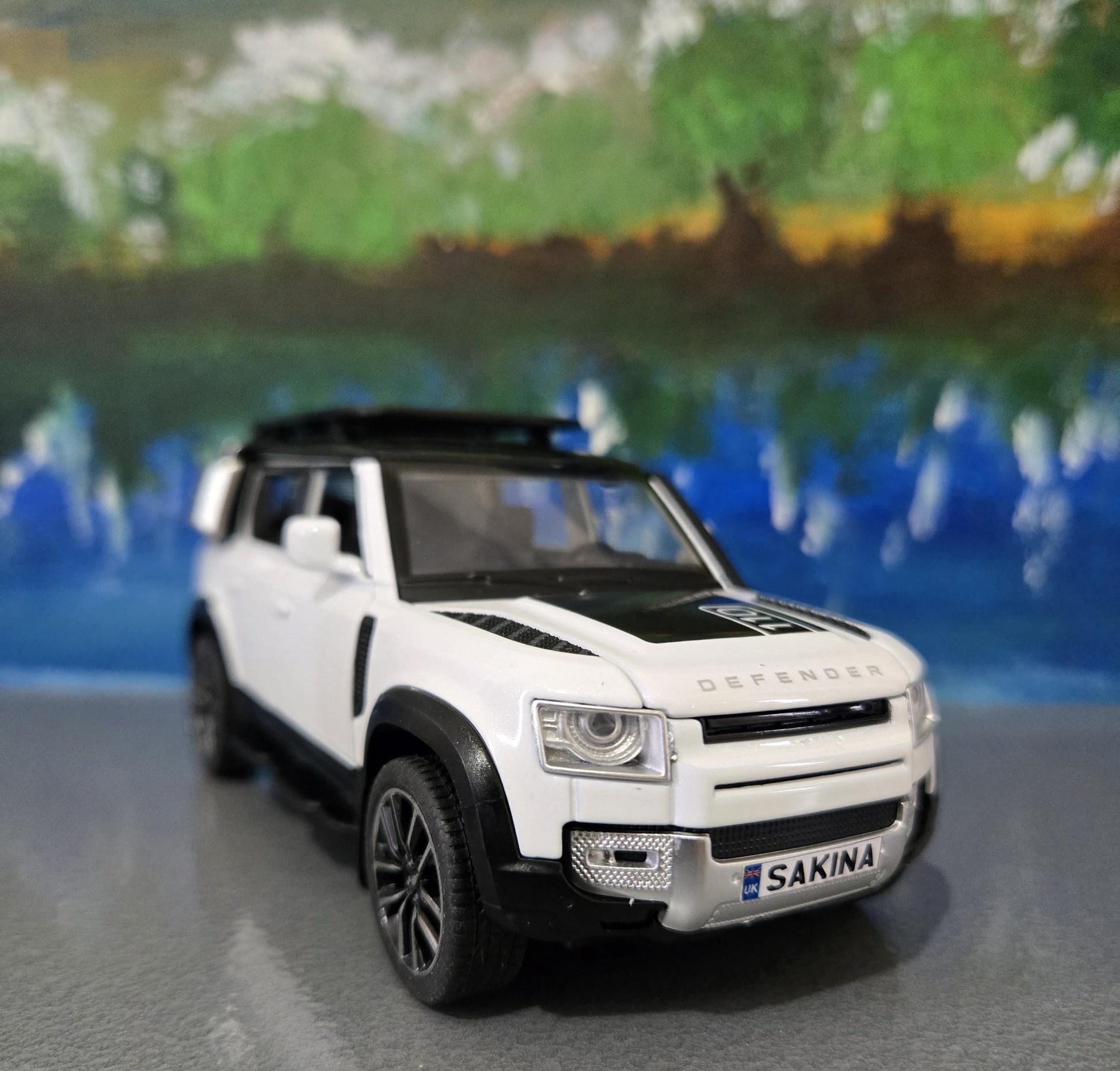 Land Rover Defender Toy Car - 1:32 Scale Diecast Model with Light & Sound - Custom Name Plate Gift for Boys, Kids, Dad, Pearl White