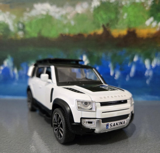 Land Rover Defender Toy Car - 1:32 Scale Diecast Model with Light & Sound - Custom Name Plate Gift for Boys, Kids, Dad, Pearl White