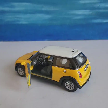 Yellow Mini Cooper S Diecast Car 1:28 Scale – Collectible Model with Custom Name Plate, Toy Car Gift, Mini Cooper Model Display Gift Sleeves