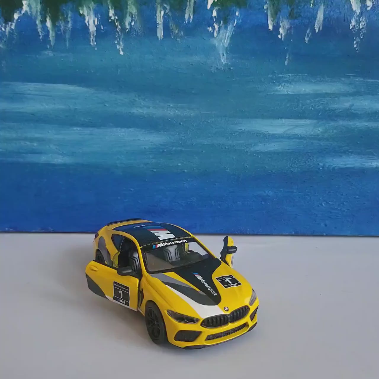 BMW M8 Competition Coupe Diecast Model 1:38 – Pull Back Toy Car with Open Doors, Yellow Red Collectible Gift for Him Kids Car Lovers