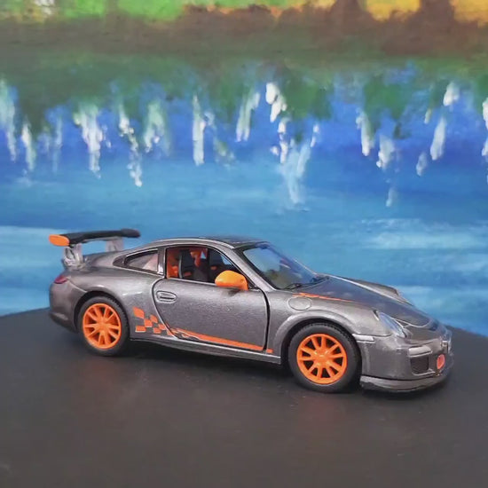 Kinsmart Porsche GT3 RS Diecast Model – Personalized Name Plate, Gift for Boys, Girls, Friends, Family, Special Occasion, Grey Sleeves