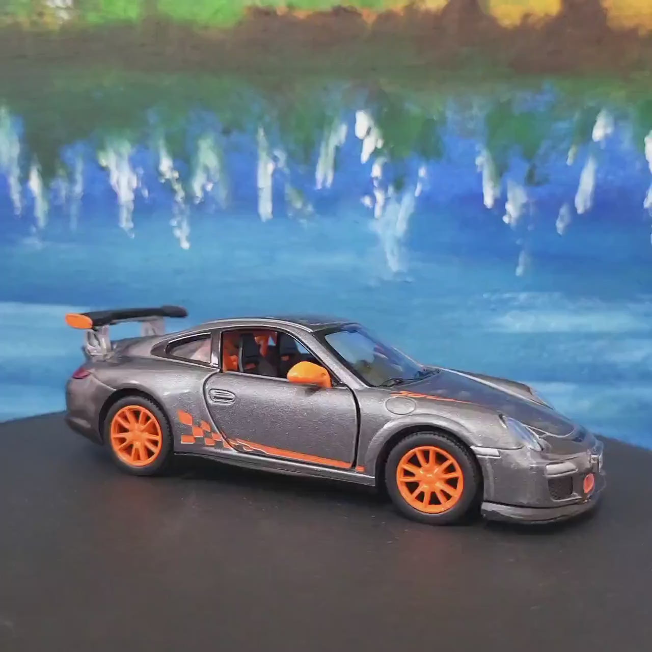 Kinsmart Porsche GT3 RS Diecast Model – Personalized Name Plate, Gift for Boys, Girls, Friends, Family, Special Occasion, Grey Sleeves