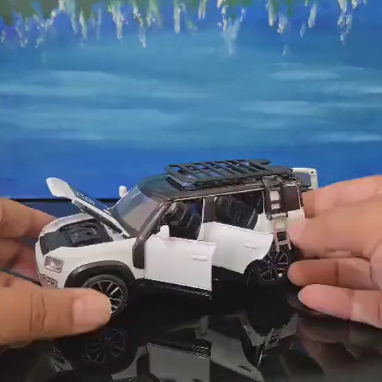 Land Rover Defender Toy Car - 1:32 Scale Diecast Model with Light & Sound - Custom Name Plate Gift for Boys, Kids, Dad, Pearl White